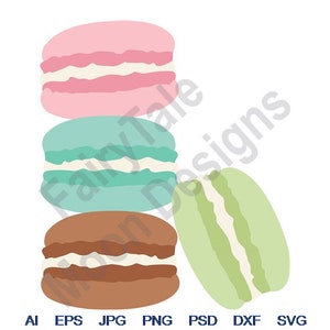 May include: A stack of three colourful macarons. The bottom macaron is brown, the middle macaron is teal, and the top macaron is pink. Each macaron has a white filling.