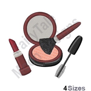 Puede incluir: Un conjunto de artículos de maquillaje que incluye un estuche compacto con espejo, un lápiz labial y un aplicador de máscara de pestañas con cepillo. El estuche compacto está abierto y muestra un rubor rosa en su interior.