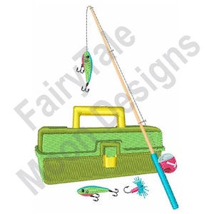 May include: A green tackle box with a yellow handle, a blue fishing rod with a red bobber, and three fishing lures. The lures are green, blue, and red.