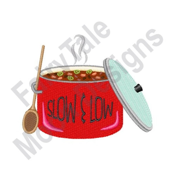 Slow & Low - Machine Embroidery Design, Chili Beef Stew Embroidery Pattern, Chili Pot Embroidery Design, Chili Soup Embroidery Design
