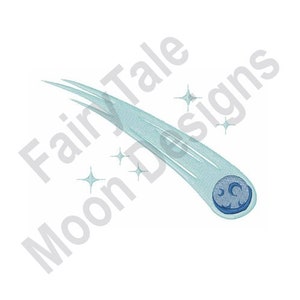 May include: A light blue embroidered design of a comet with a crescent moon and stars. The comet has a long tail and is surrounded by several small, sparkling stars. Text in the image reads "Fairy Tale Moon Designs."