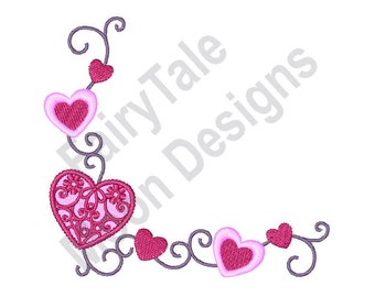 Heart Corner - Machine Embroidery Design, Valentine Hearts Embroidery Pattern, Swirl Corner Embroidery Design