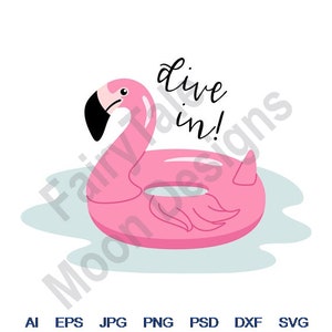 May include: Pink inflatable flamingo pool float with the text "dive in!" in black cursive lettering.