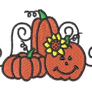 May include: An embroidered design featuring three orange pumpkins with green stems and a yellow sunflower. The pumpkins have a smiling face and are surrounded by black swirls, perfect for fall-themed crafts and decorations.