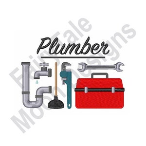 May include: Plumber word art with a wrench, pipe, faucet, plunger, and a red toolbox.