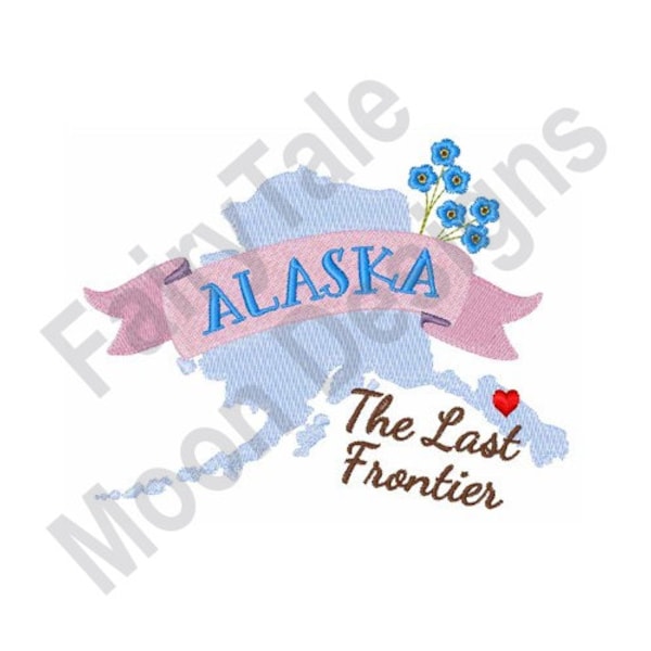 Alaska State Map - Machine Embroidery Design, The Last Frontier State Embroidery Pattern, Alaska Forget-Me-Not State Flower Embroidery