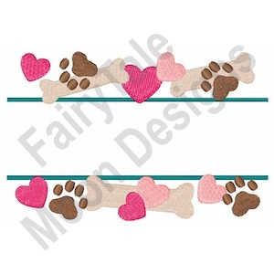 May include: A digital embroidery design featuring a bone, paw prints, and hearts. The design is perfect for creating personalized items for dog lovers.