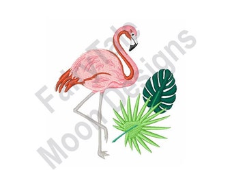 Flamingo  - Machine Embroidery Design, Pink Flamingo Embroidery Pattern, Exotic Green Leaves Embroidery Design, Palm Leaf Embroidery Design