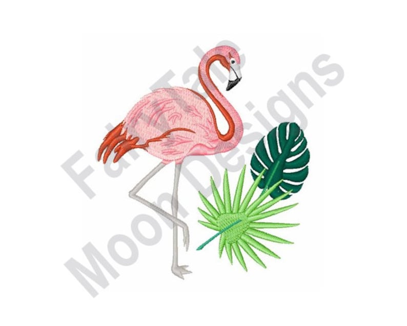 Flamingo Machine Embroidery Design Pink Flamingo Embroidery Pattern Exotic Green Leaves Embroidery Design Palm Leaf Embroidery Design