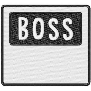 May include: Embroidered patch with the word "BOSS" in white, bold letters on a black rectangular background. The patch has a white background with a black border.