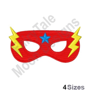 Puede incluir: Máscara de superhéroe roja con rayos amarillos y una estrella azul en la parte delantera.