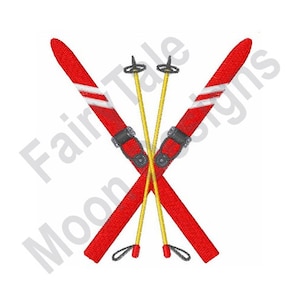 Puede incluir: Un par de esquís rojos con rayas blancas cruzados entre sí con dos bastones de esquí amarillos.