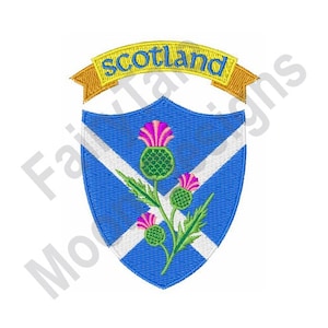 May include: A blue shield with a white diagonal cross and three green thistles with pink flowers. The shield is topped with a yellow banner that reads "scotland".