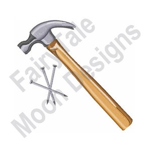 May include: A wooden-handled hammer with a silver head and three silver nails. The hammer is angled to the right and the nails are scattered below it.