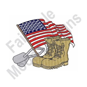 May include: A pair of brown leather boots with laces, a US flag, and two dog tags. The flag is red, white, and blue and is waving in the wind.