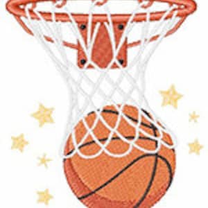May include: An orange basketball with black lines is going through a white net attached to a brown hoop.  The basketball is surrounded by yellow stars.