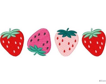 Aardbei fruitrand - machineborduurontwerp - 4 maten, borduurpatroon vier aardbeien, borduurontwerp rode vruchten