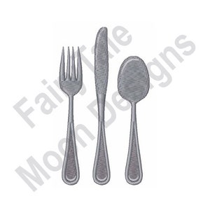 May include: A set of silver cutlery, including a fork, knife, and spoon.
