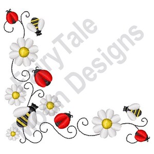 Könnte beinhalten: Ein Eckbordüren-Design mit weißen Gänseblümchen, roten Marienkäfern und gelben und schwarzen Bienen auf weißem Hintergrund.