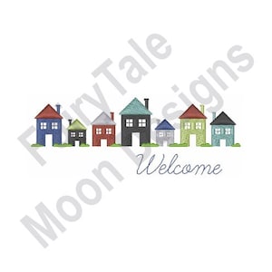 Welcome Houses - Machine Embroidery Design, Community Homes Embroidery Pattern, City Neighborhood Embroidery, House Border, Row House Design