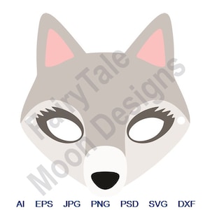May include: A gray wolf mask with pink ears and black eyes. The mask is designed for a child to wear.