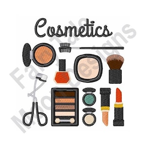 May include: A set of cosmetics including a compact, eyeshadow palette, mascara, lipstick, eyeliner, and a makeup brush. The word "Cosmetics" is written in black cursive above the items.