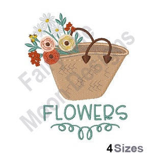 Flowers - Machine Embroidery Design, Folk Art Floral Basket Embroidery Pattern, Flower Tote Bag Embroidery Design, Flower Bouquet Design