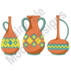 May include: Three orange vases with teal handles and decorative yellow and teal geometric patterns. The vases have different shapes, including a tall, slender one and a rounder one. The design is reminiscent of ancient pottery.