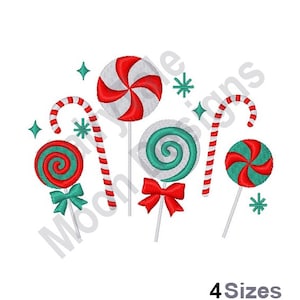 May include: A set of five Christmas-themed candy decorations, including red and white candy canes, and four lollipops with red and green swirl designs. The lollipops have white sticks and red bows.