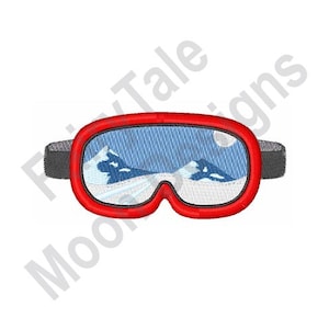 May include: Red ski goggles with a view of a snowy mountain scene reflected in the lenses.