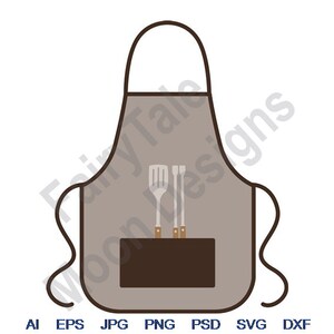 May include: A gray apron with a brown pocket and three grilling tools in the pocket. The apron has brown straps.