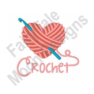 May include: Pink yarn in the shape of a heart with a blue crochet hook going through it. The text "Crochet" is written below the yarn.
