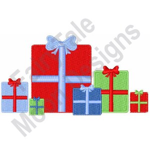 May include: A stack of six wrapped gifts in various sizes and colors. The largest gift is red with a blue bow, the next largest is green with a red bow, and the rest are smaller and in shades of blue, green, and red.