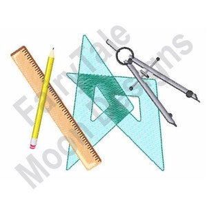 以下が含まれることがあります： 定規、鉛筆、コンパス、分度器を含む幾何学ツールセット。ツールは、定規と鉛筆がコンパスと分度器を交差させて、十字形に配置されています。分度器はクリアブルーで、定規はブラウンです。