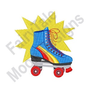 May include: Embroidered design of a blue roller skate with red wheels and laces, a yellow starburst is behind the skate. The skate has a rainbow stripe and is set against a white background.