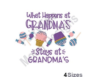 May include: Embroidered design with the text "What Happens at Grandma's Stays at Grandma's" in purple. The design includes pink and purple cupcakes, candy, and lollipops.