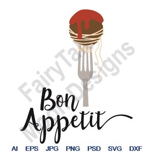 Bom apetite - Svg, Dxf, Eps, PNG, Jpg, Arte vetorial, Clipart, Arquivo de corte, Almôndegas Svg, Comida italiana Svg, Almôndegas de espaguete Svg, Garfo de macarrão