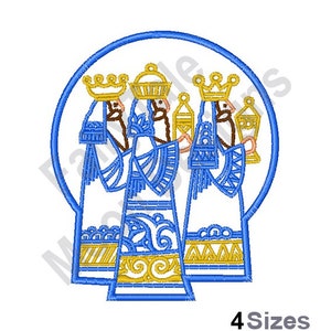 May include: Three Wise Men in blue robes with gold crowns and carrying lanterns, standing in a blue circle. The image is a digital embroidery design.