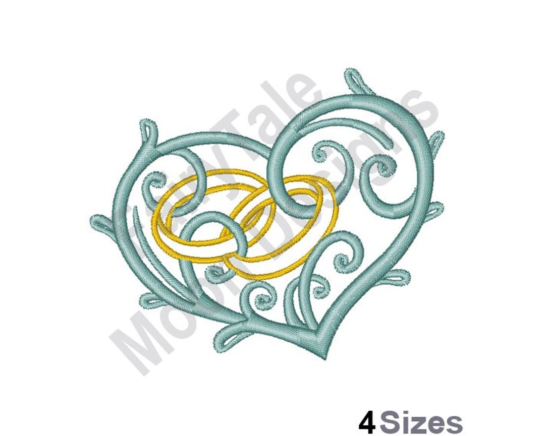 Wedding Rings Machine Embroidery Design, Love Heart Outline Embroidery