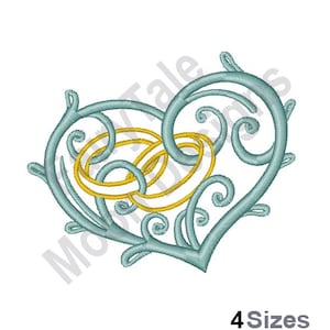 Puede incluir: Un diseño azul en forma de corazón con dos anillos dorados entrelazados en su interior. El corazón está hecho de enredaderas en espiral.