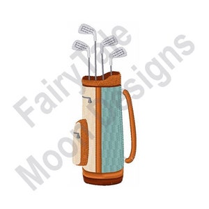 May include: A brown and blue golf bag with a brown strap and a set of golf clubs sticking out of the top.