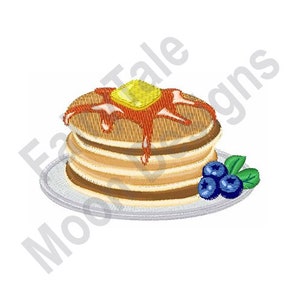 May include: A stack of four pancakes with a pat of butter and red syrup on top, served on a white plate with two blueberries and green leaves.