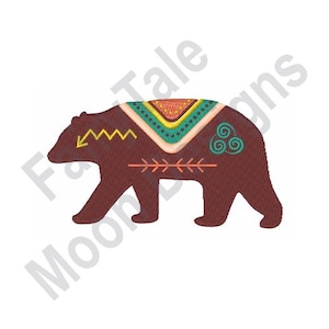 May include: A brown bear silhouette with a colorful geometric pattern on its back. The pattern includes green, blue, yellow, orange, and red colors.