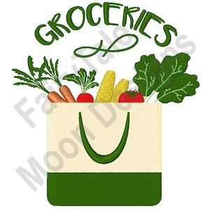 Könnte beinhalten: Eine grüne Einkaufstasche mit dem Wort "Groceries" darüber. Die Tasche ist gefüllt mit grünem Blattgemüse, Karotten, Mais und Tomaten.