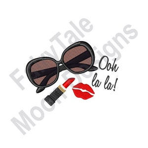 Ooh La La - motif de broderie Machine, lunettes de soleil femme mode & motif de broderie rouge à lèvres, motif de broderie lèvres rouges de Paris Girl