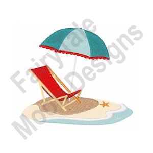 Sun Umbrella & Beach Chair - Machine Embroidery Design, Summer Vacation Embroidery Pattern, Beach Sun Umbrella Design, Island Time Pattern