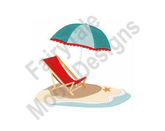 Parasol en strandstoel - machineborduurontwerp, borduurpatroon zomervakantie, strandparasolontwerp, patroon eilandtijd