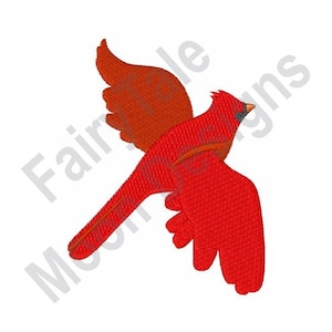 May include: A red cardinal bird with outstretched wings in flight. The bird is facing to the right and has a dark beak.