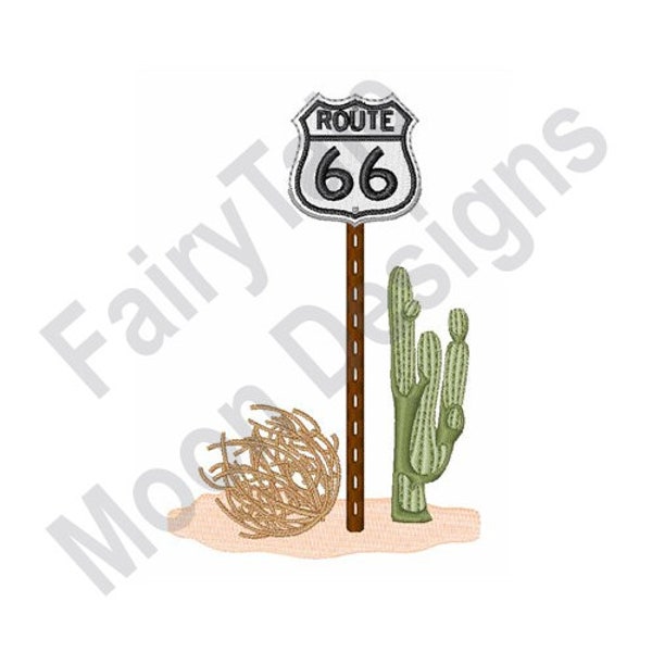 Route 66 Road Sign - Machine Embroidery Design, Historic Route 66 Highway Embroidery Pattern, Texas Cactus & Tumbleweed Embroidery Design