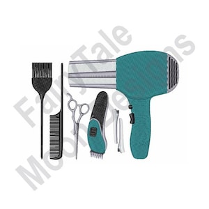 May include: A set of hairdressing tools including a hair dryer, scissors, a comb, a hair brush, and a pair of hair clips.